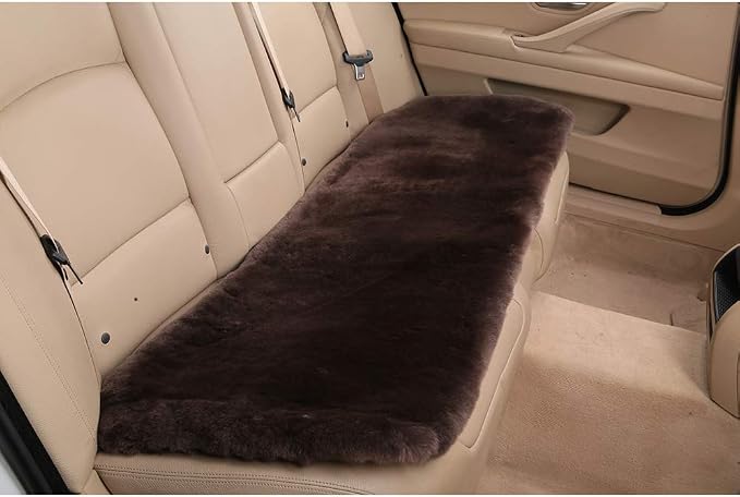 OGLAND Fuzzy Genuine Sheepskin Car Rear Seat Cover for Kids Dogs Pets Auto Bench Back Cushion Interior Accessories with Soft Fluffy Wool Natural Fur, Teak Brown