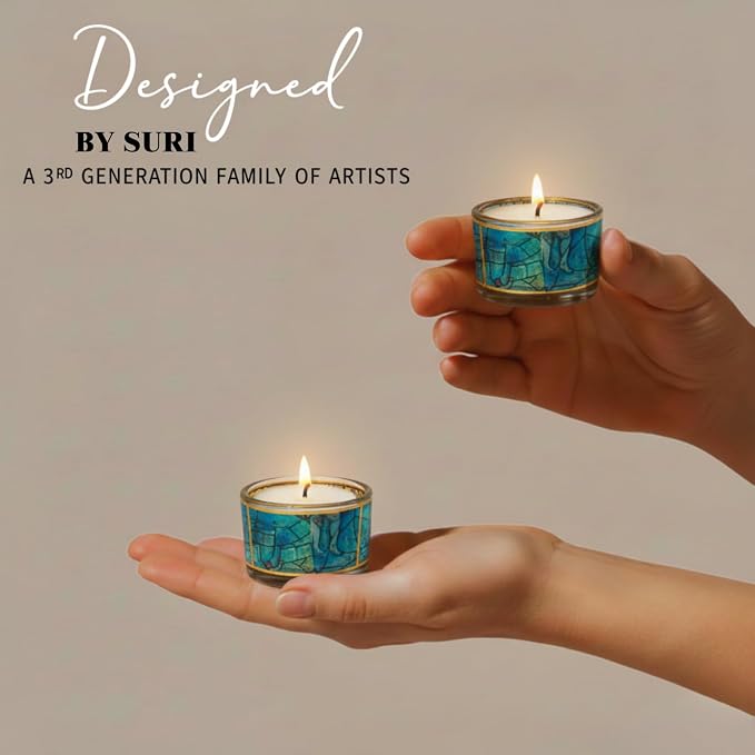 SURI Chagall Style Shabbat Candle Holders Set of 2 – Glass Shabbos Sabbath Tea Light Holders, Jewish Home Décor