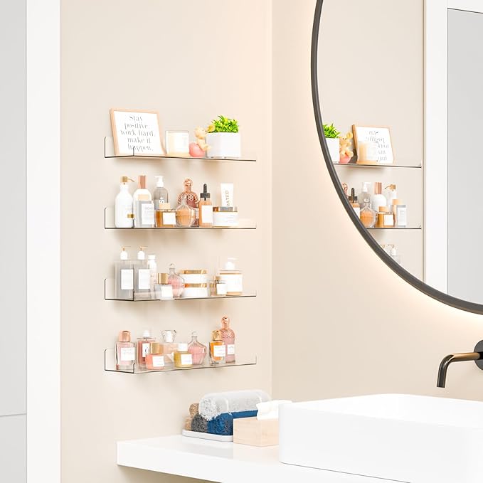 Yieach 2 Pack 15" Acrylic Shelves for Wall,Bathroom,Bedroom - with Adhesive - No Drilling Clear Floating Shelves for Funko Pop,Lego,Action Figures,Nail Polish,Perfume Shelf and Wall Storage & Display