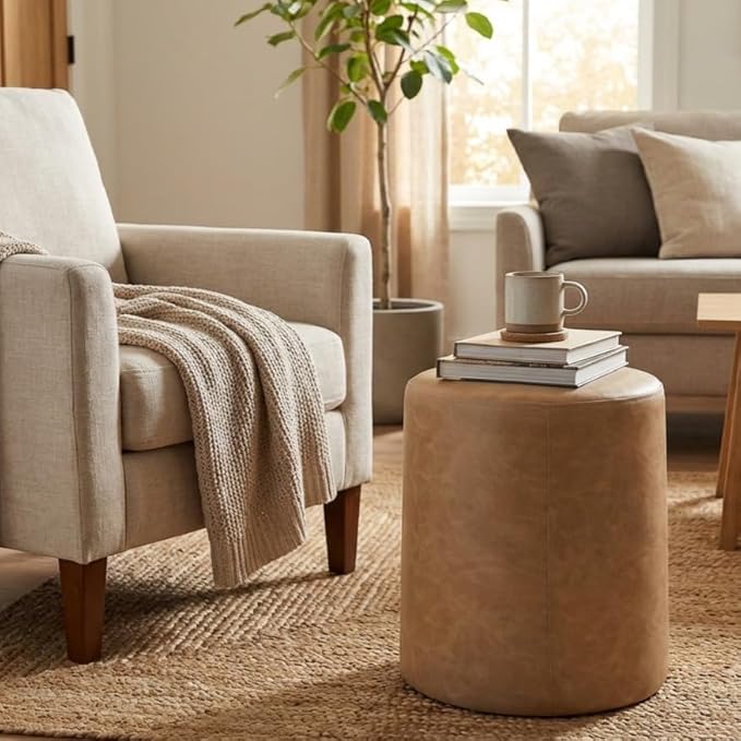 HomePop Faux Leather Organic ShapeOttoman (No Lid, Seat Only) | HomePop Home Décor | Round Pouf Foot Rest – Sand Faux Leather