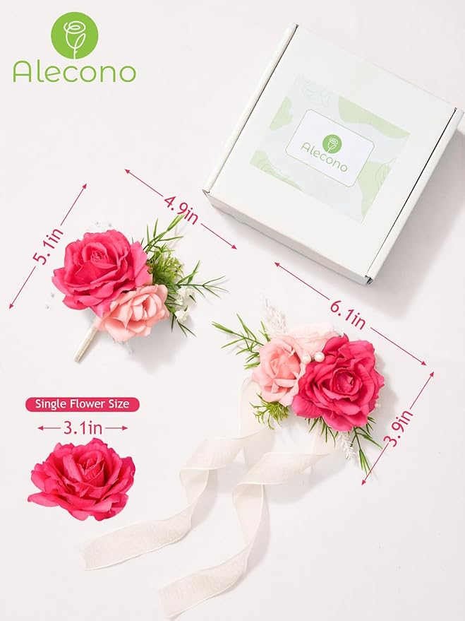 Alecono Hot Pink Corsage and Boutonniere Set, Corsages for Bride Bridesmaid Groom Bridegroom, Artificial Flowers for Prom Graduation Ceremony Anniversary