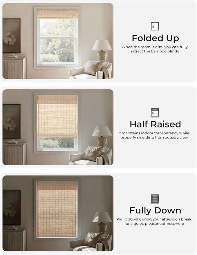 UNISHADES No Drill Cordless Bamboo Roman Shades, 31×64 in, Natural | Natural material, Light Filtering, Easy Install