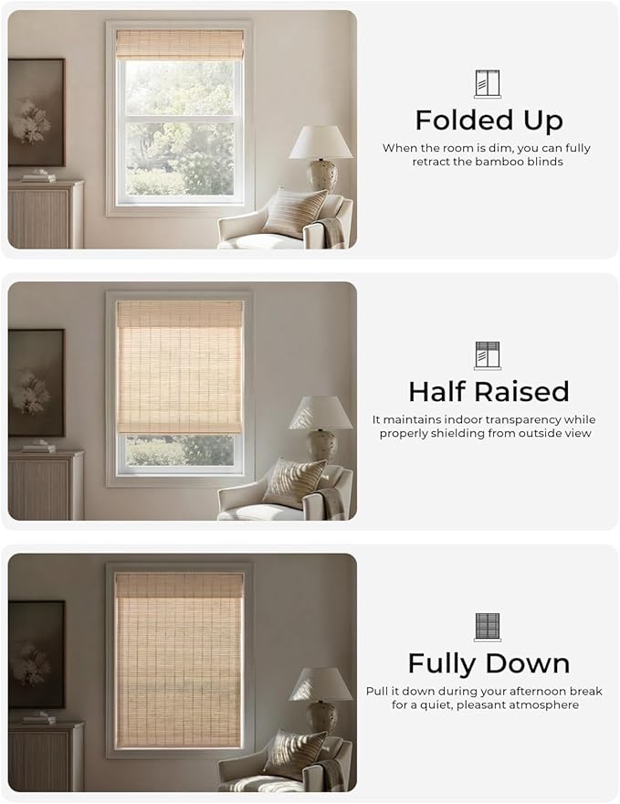 UNISHADES No Drill Cordless Bamboo Roman Shades, 35×48 in, Natural | Natural material, Light Filtering, Easy Install