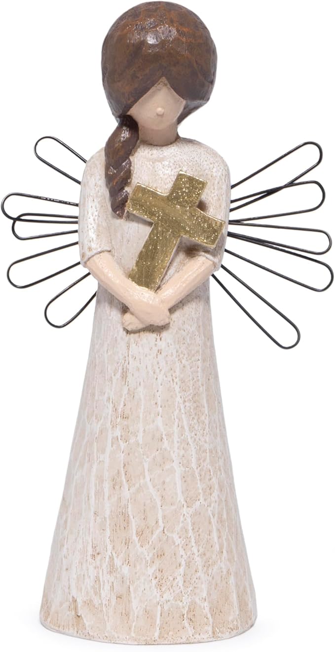 Hodao Angel Figurine with Cross, 5.1" Resin Guardian Angel Ornaments for Home Decorations, Sympathy & Memorial Decor, Indoor Tabletop Religious Figurines, Faith Gift for Women Mom Friends