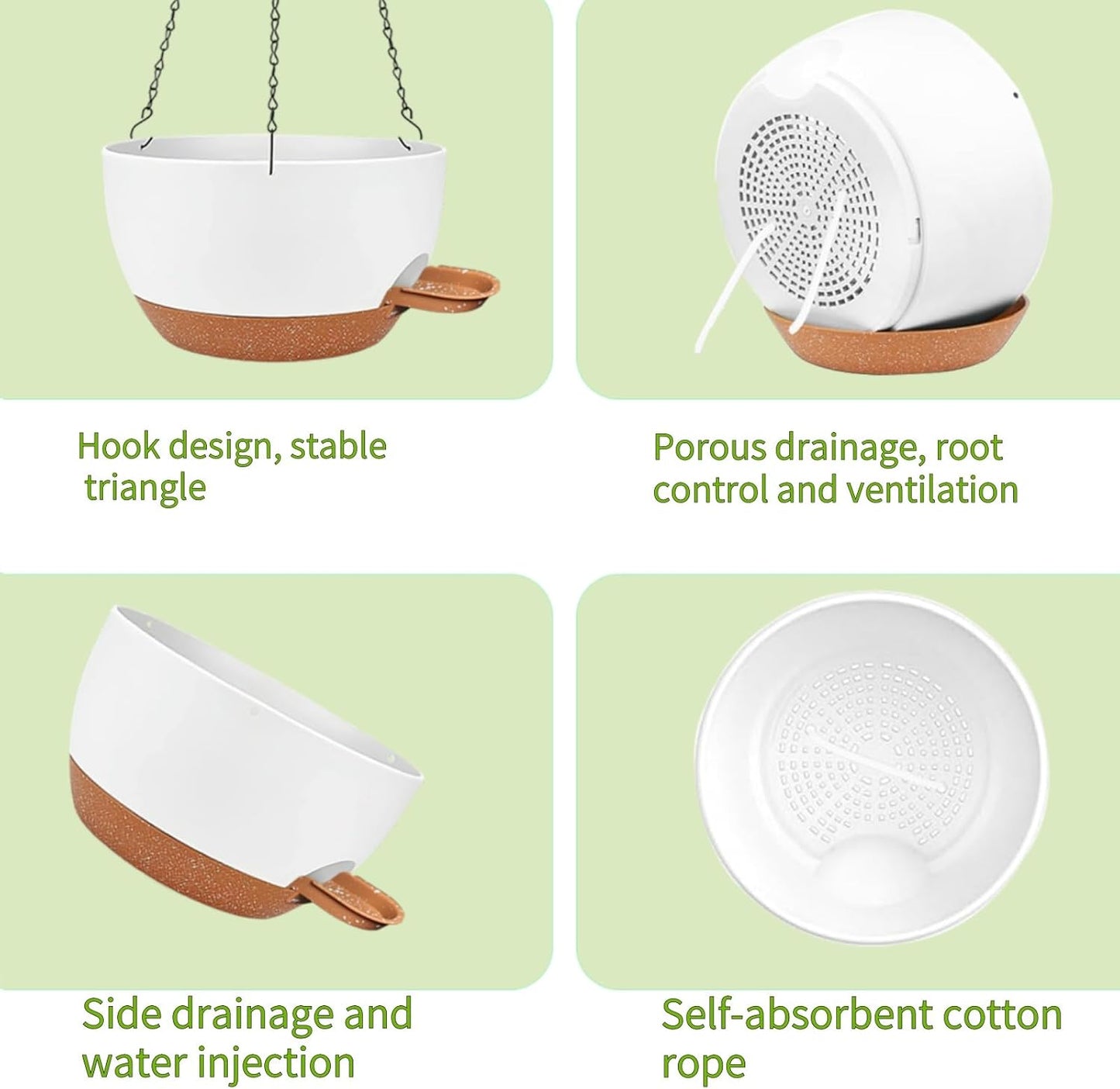 2 Pack Hanging Planters for Indoor Outdoor Plants, 12 Inch Self Watering Hanging Pot with Drainage Holes and Saucer, Plastic Plant Pots, White Brown Flower Pots for Kitchen, Balcony, Garden