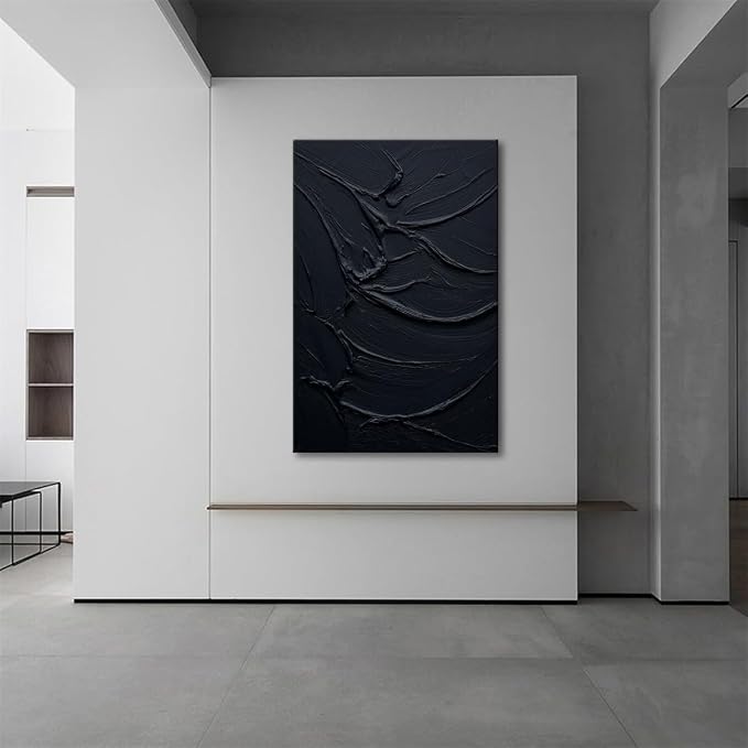 zoinart Hand Painted Thick Texture Black Minimalist Vertical Wall Art 24x36 Inches Black Oil Painting Contemporary Art Oil on Canvas Home Office Corridor Wall Art