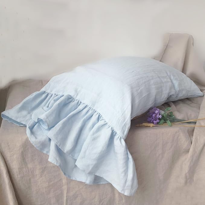 100% French Linen Pillowcase, Framhouse Shabby Chic Style Long Ruffle Pillow Cover, Pure Flax Pillow Sham, King Queen Twin Size 1 pcs (Queen, Water Blue)