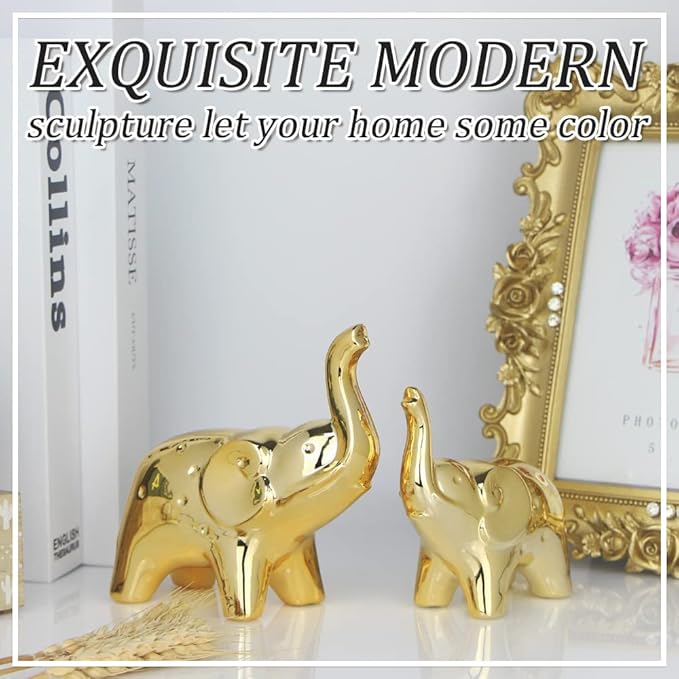 prosfalt A Pair Elephant Statue Home Decor,Modern Style Figurines,Sculpture for Office Desktop Bookshelf Living Room (Ceramics Gold)