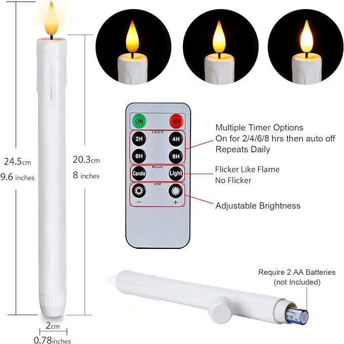 Homemory 6 Pcs Flameless Taper Candles with Remote, Timer, Dimmer, 9.6 Inches Plastic White Led CandleSticks with Flickering Light, Battery Operated Window Candles for Halloween Christmas Decoration