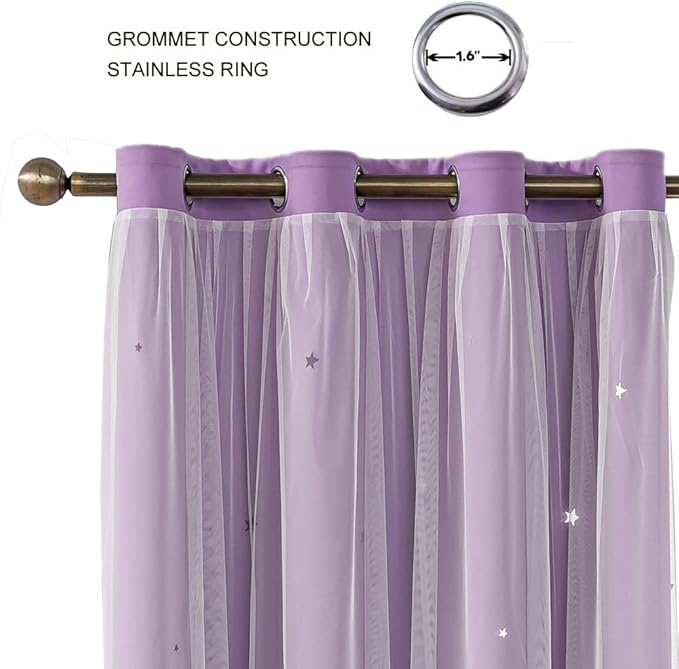 FANLI Ombre Rainbow Blackout Curtains for Kid Girls Bedroom Living Room Darking Stripe Double Layer Star Cut Out Wall Home Decor Gradient Grommet Window Curtains (Purple 72L)