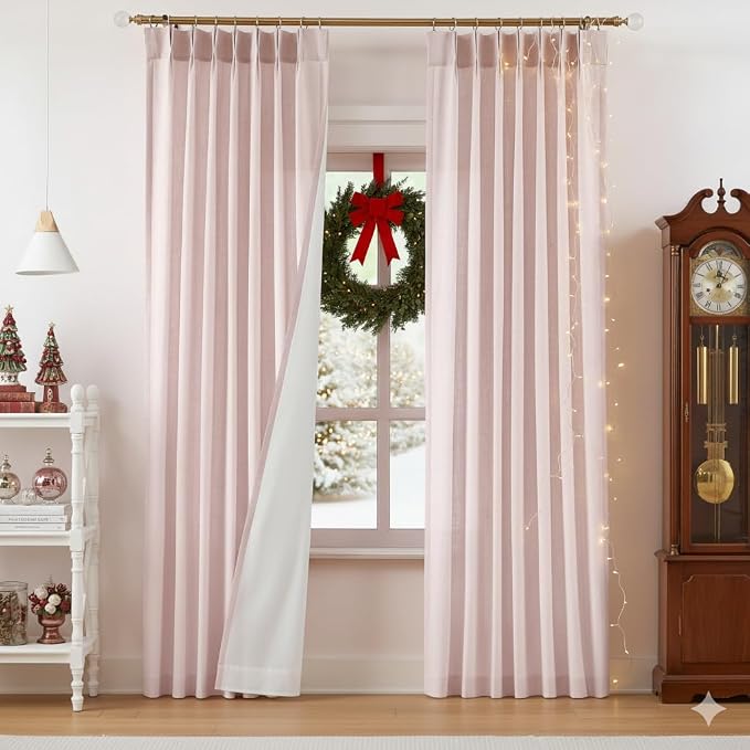 Vision Home Pink Pinch Pleated Light Filtering Curtains with Microfiber Liner 95 inch Linen Blended Textured Privacy Drapes for Living Room Girls Bedroom Back Tabs with Hooks 2 Panels 40" Wx95 L