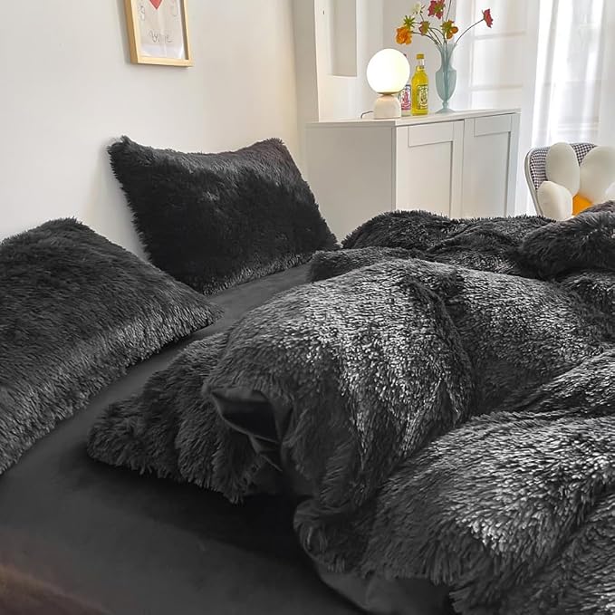 chovy Faux Fur Plush Black Comforter Sets King - Ultra Soft Shaggy Flannel Velvet Fluffy Fuzzy 3PC Bedding Set （Comforter x 1 Pillowcases x 2）