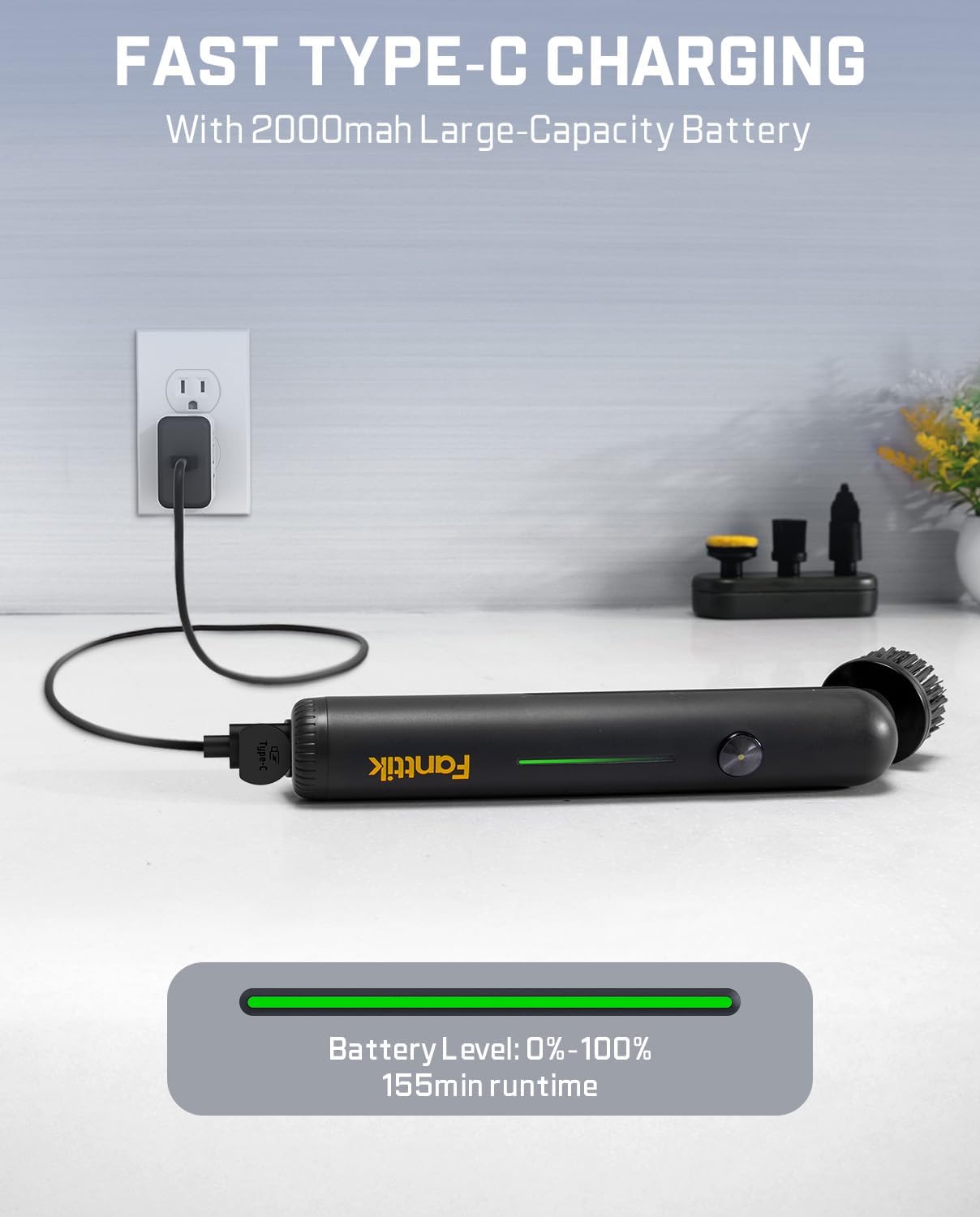 Fanttik G9 Nano Electric Spin Scrubber, Cordless Power Grout Brush, Type-C Fast Charging with LED Power Display, IPX7 Waterproof, 8 Replaceable Heads for Cleaning Grout, Corners, Crevices - Black