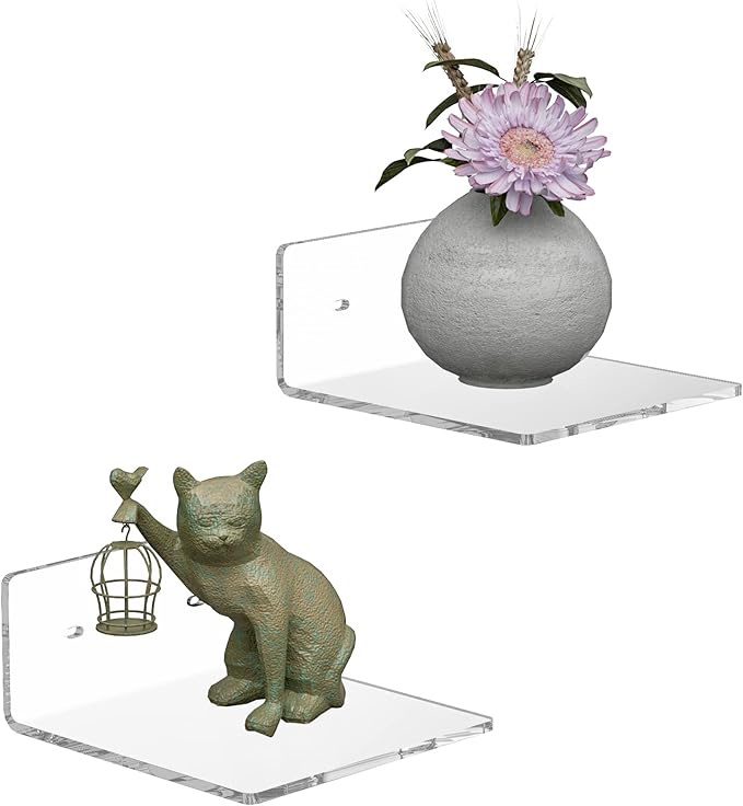 Sezanrpt 6 Inches Acrylic Small Wall Shelves 2 Pack, Floating Shelf for Wall Mounting, Acrylic Display Ledges for Funko Pop Figures, Home Décor, Living Room, Gaming Room, Plants(6 inch, Clear)
