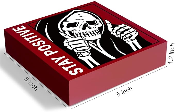 Gothic Skull Decor - Stay Positive Skulls Sign for Home Office Desk Accessories - 5 x 5 Inches (Red)