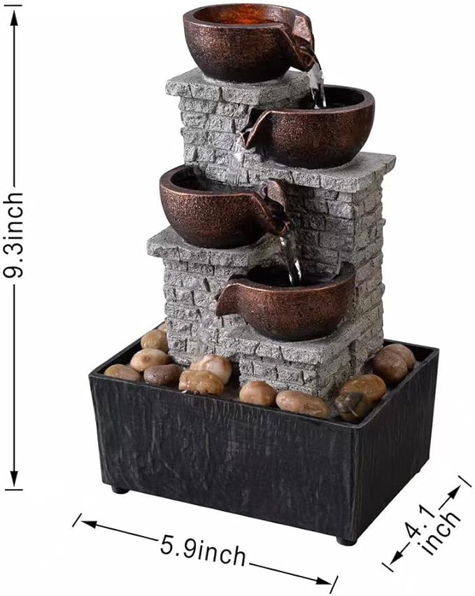 Kalona 4-Tier Indoor Waterfall Tabletop Fountain with LED Lights and Natural Rocks, Cascading Bowl Desk Fountain for Home and Office Decoration, Relaxing Water Feature (21132B)