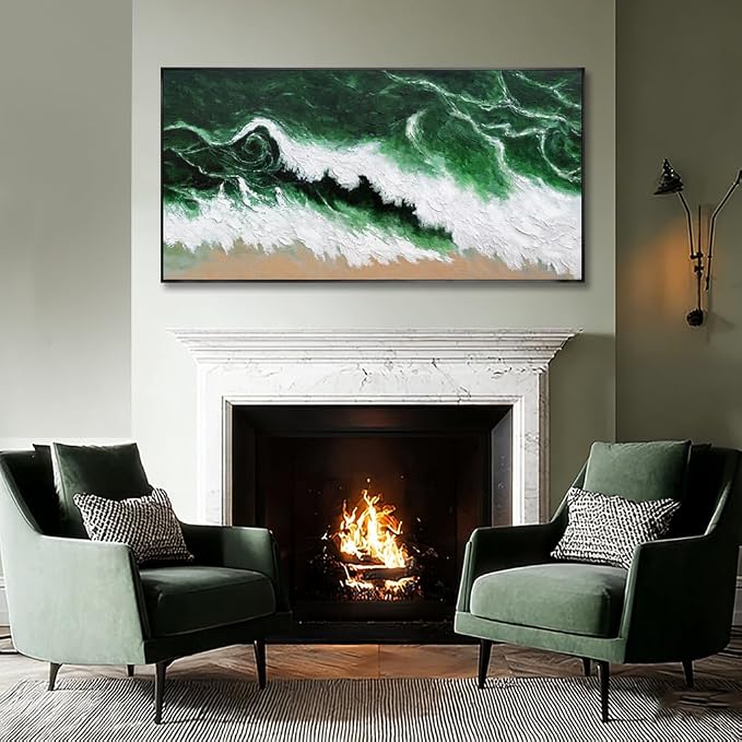 Large Framed Canvas Print Wall Art Abstract Green Wave Nature White Textured Modern Minimalist Art Canvas Wall Decor Living Room 24"x48"