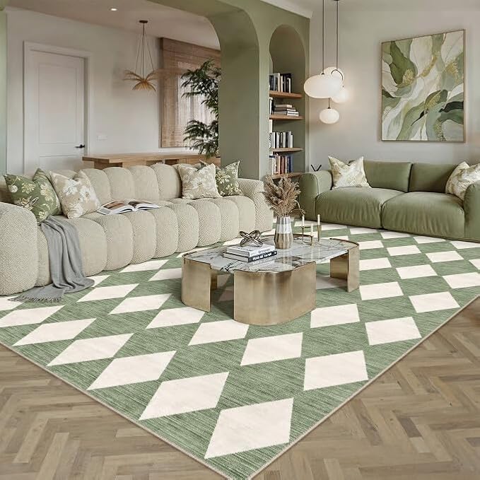 PureCozy Machine Washable 8x10 Area Rugs for Living Room Modern Soft Green and White Checkered Rug Non-Slip Low Pile Accent Indoor Office Carpet for Bedroom Dining Room Nursery Classroom