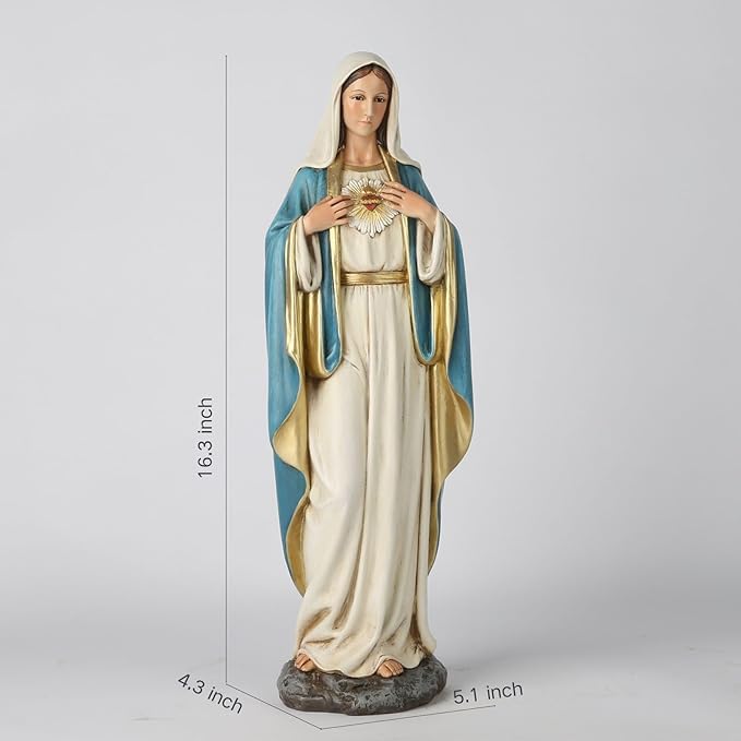 BC Catholic Immaculate Heart of Virgin Mary Statue, 16.5" H Holy Mother Figure for Altar, Religious Gift Home Decor Renaissance Sculpture Handmade by Buildclassic