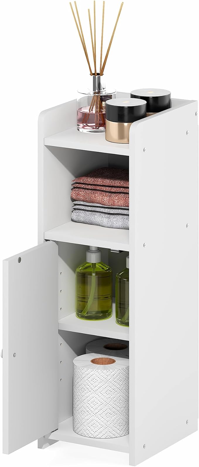 Furinno Fulda Bathroom Storage Cabinet, 4-Tier Bathroom Cabinet, Narrow Cabinet with Door and Adjustable Shelves, 24H, for Small Spaces, Bathroom, Living Room, Entryway, White