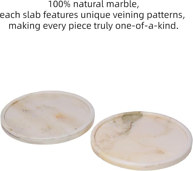 Natural Marble Vanity Tray, Round, 8.3 Inch, with Anti-Slip Pads, for Bathroom, Jewelry, Perfume Display, Coffee Table Decor (Chinese White Marble)