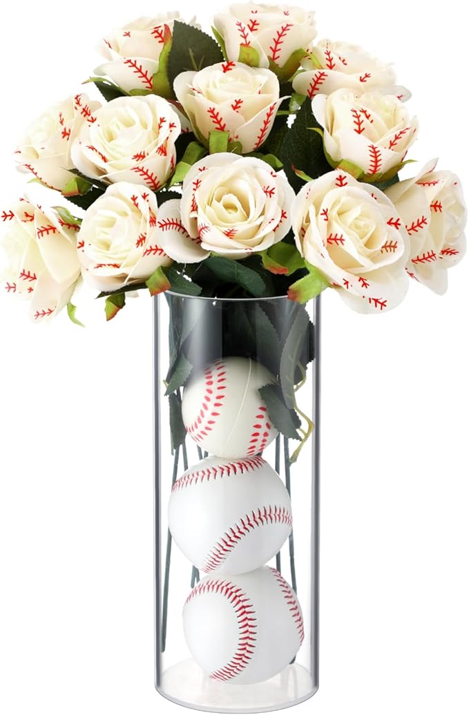 Suncalla 12 Pcs Baseball Rose with Leaves Bulk Artificial Fake White Roses Decor Sports Flower Gifts for Table Centerpieces Graduation Wedding Gift Sports Theme Rose Bouquet Party Favors