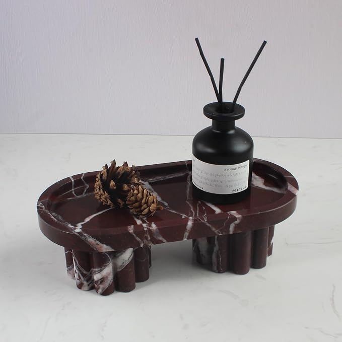 Natural Travertine Marble Oval Tray with 2 Legs, 10" Vanity Decorative Tray for Countertop Organizer, Catchall Tray for Perfume, Candles, Jewelry Dish