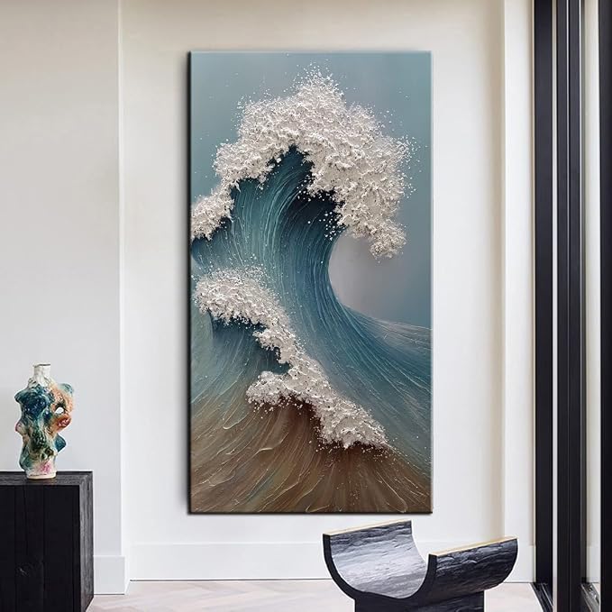 YaSheng Art : Large Abstract Wall Art, 3D Ocean Wave Canvas Wall Art, Hand-Painted Textured Seascape, Wall Art for Living Room Framed Ready to hang 24 x 48 inches