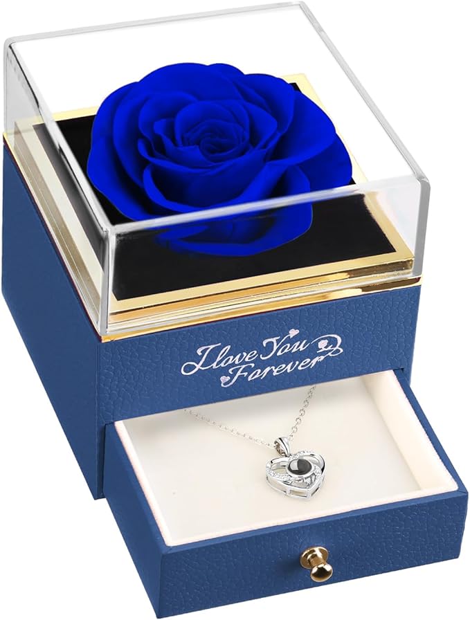 ASELFAD Preserved Real Rose with Heart Necklace -I Love You Forever Eternal Rose for Her, Mothers Day Gifts for Mom, Wife, Anniversary or Birthday Gifts for Women, Blue