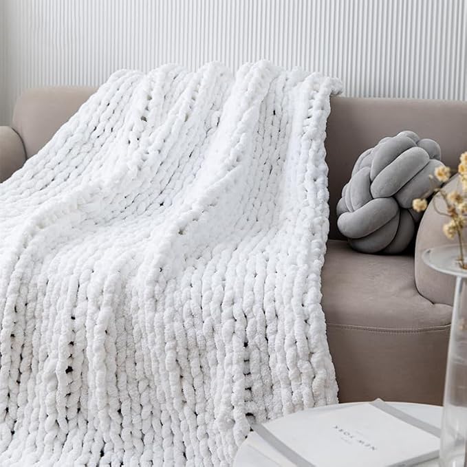 Soft Chunky Knit Throw Blanket for Couch, Cozy Warm Knitted Blankets | Hand Knit with Jumbo Chenille, Lightweight Warm Fluffy Decor for Women, Mom, Her & Girls, Sofa, Chair, Bed, 48"×71" (White)