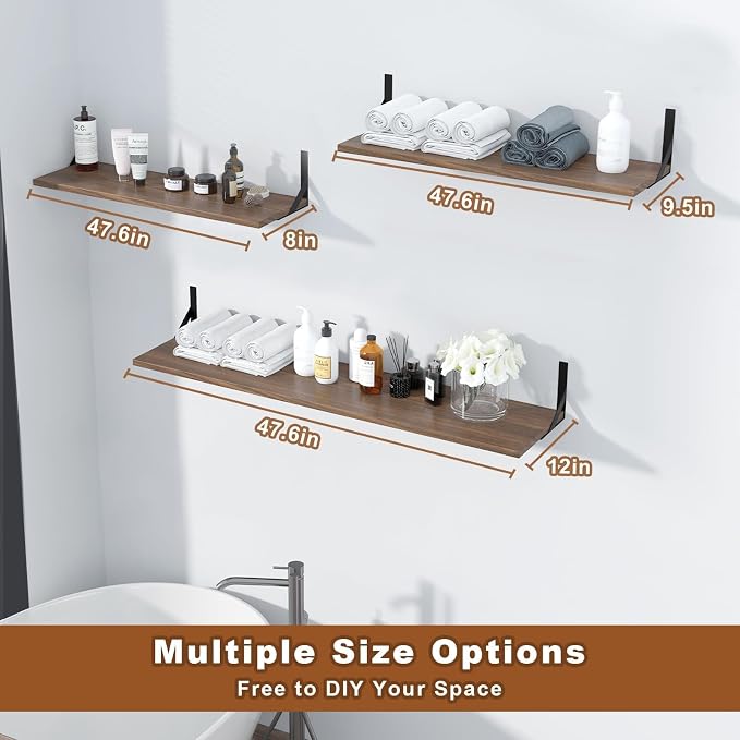 Long Wall Shelves, 48" W x 12" D Large Floating Shelves Set of 2, Wide Display Wood Shelf Wall Mounted with Heavy-Duty Metal Brackets for Bedroom Books, Living Room, Kitchen, Walnut