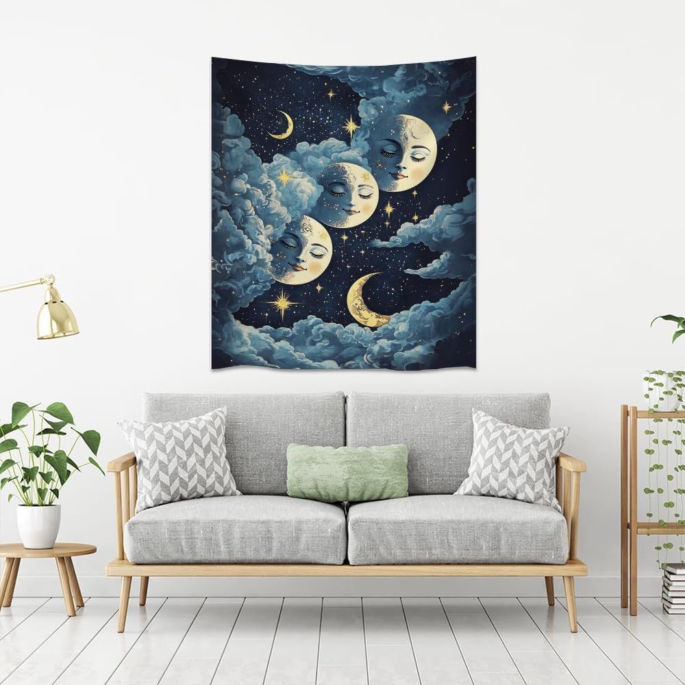 Blue Moon Faces Tapestry Celestial Wall Art Dark Academia Aesthetic Print Stars Clouds Tapestries Wall Hanging whimsical Gothic Home Decor for Bedroom Living Room 60x80inch