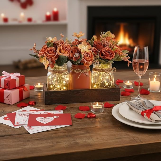 Mkono Mason Jar Lights Centerpiece Table Decorations for Dining Room Farmhouse Coffee Table Decor Tray with 3 Jars Flowers Centerpieces Valentines Day Decor for Kitchen Living Dining Room, Orange