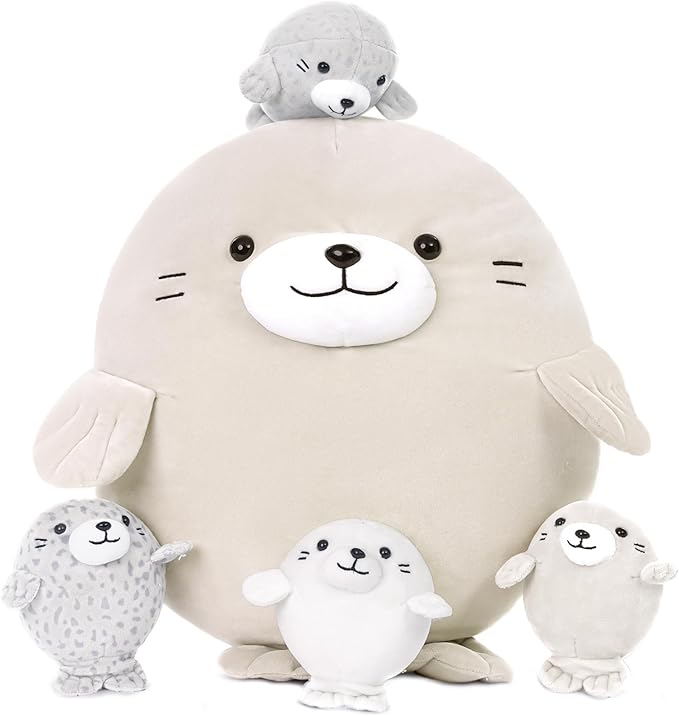 MaoGoLan 5Pcs Fat Seal Plush with 4 Babies Inside - 20" Giant Ultra Soft Seal Stuffed Animal Throw Pillow - Squishy Mother-Babies Collection Gift for Seal Lover,Kids,Boys, Gray