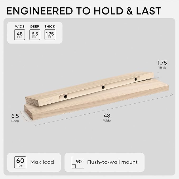 Homeforia Wood 48 inch Floating Shelf, High End Solid Natural Wood 48inch Floating Shelves for Wall Mounted, Unfinished Wooden Large Floating Shelves, Heavy Duty Bracket, 48 X 6.5 X 1.75 in, Set of 3
