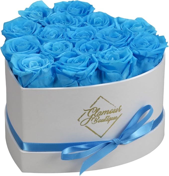 GLAMOUR BOUTIQUE Preserved Roses in a Box - Gifts for Her, Wife & Mom, Rose Flowers Forever Decor for Birthday Gift, Get Well Flower Bouquet Cased in White Box with Cover - Teal - 16 (Color-Treated)