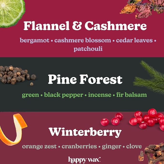 Happy Wax Winter Outdoors Mix Scented Natural, Non Toxic Soy Wax Melts; 6 Total Oz. of Holiday Scented Wax Melts, Collection Includes Flannel & Cashmere, Pine Forest and Winterberry