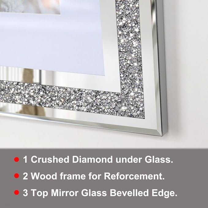 ALLartonly Mirror Photo Frame 12x16inch Mat To 8.5x11” 2 Pack, Crushed Diamond Bling Boarder, Crystal Glass Front , Wedding Picture Poster Frame, Diploma Frames Wall Certificate Document Frame.