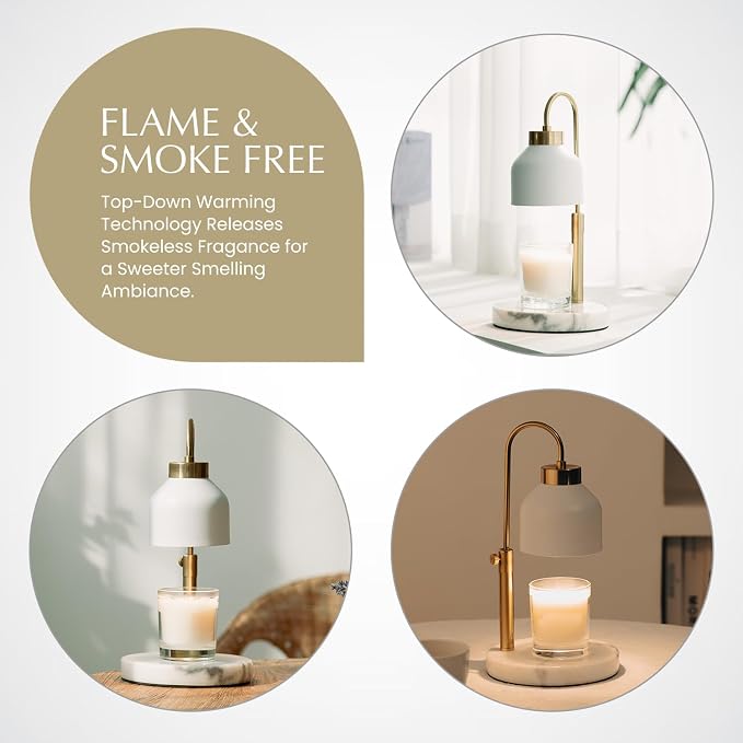 Marble Candle Warmer Lamp with Timer & Dimmer - Adjustable Height Electric Wax Melt Warmer fit for All Jar Candle Sizes, Premium Marble Base - Flameless Fragnance Lamp for Home Decor & Gifts