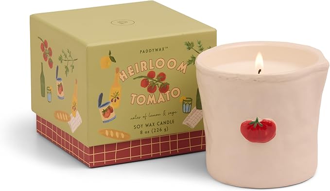 Paddywax Bistro Hand Painted Scented Candle in Ceramic Reusable Food-Safe Jar with Gift Box, Soy Candle with Approx. 56 Hour Burn Time, Heirloom Tomato, 8 oz