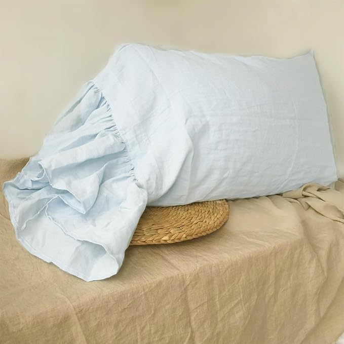 100% French Linen Pillowcase, Framhouse Shabby Chic Style Long Ruffle Pillow Cover, Pure Flax Pillow Sham, King Queen Twin Size 1 pcs (Queen, Water Blue)