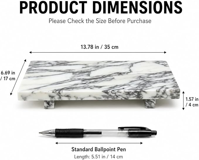 Natural Marble Rectangular Decorative Tray Pedestal Stand, 13.8 x 6.7 in Bathroom Vanity Counter Organizer, Jewelry Keys Candles and Soap Display Stone Tray