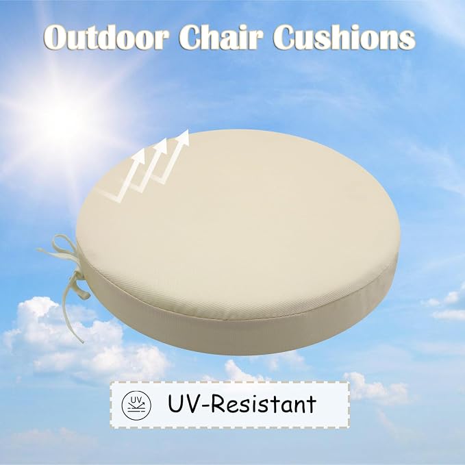 SK Studio Round Outdoor Chair Cushions for Patio Furniture, Set of 2 Waterproof Patio Chair Cushion with Adjustable Ties for Garden Sofa Couch, White, 18"x18"x2"