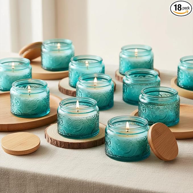 4 oz Blue Sun Moon Stars Candle Jars with Bamboo Lids, 18 Pack | Patented Embossed Design, Includes Wick Centering Devices & Warning Labels, Multiple Color Options