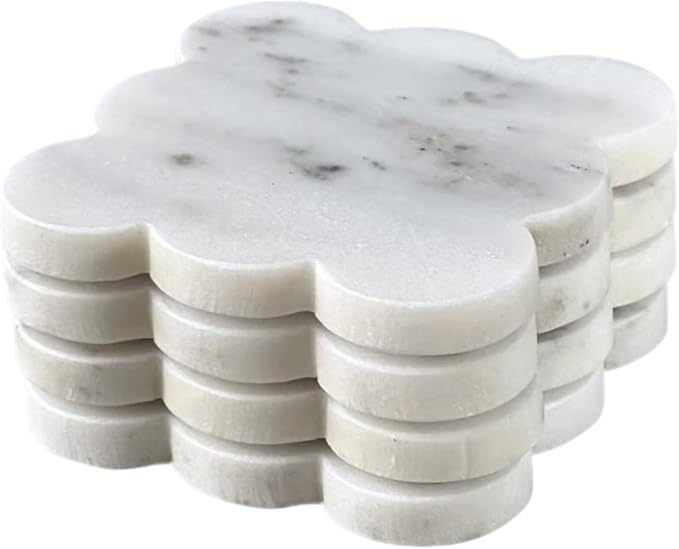 Marble Coasters Set of 4, Handcrafted Drink Protectors, Natural Stone Coaster Bar & Table Decor, Modern Desk Aesthetic Accessories, Non-Slip Luxury Gift (White Marble Square Scalloped)