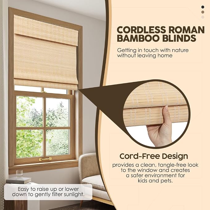 Cordless Bamboo Roman Shades, Light Filtering Bamboo Shades Blinds Window Treatment Roll Up Blind for Windows, 30" W x 64" H, Beige
