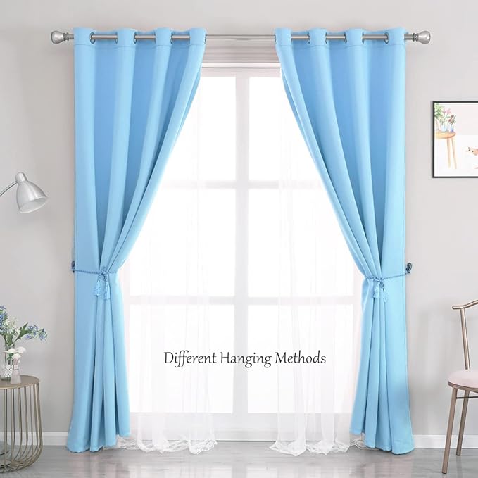 Blue Curtains 90 inch Length 2 Panels Set - Double Layered Blackout Curtain Drapes with White Sheer Voile and Lace Hem for Kids/Girls Bedroom Living Room Nursery (52x90 inch, Sky Blue)