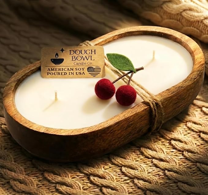 Dough Bowl Candle Co. Cherry Candle - Black Cherry Bomb and Vanilla Scented Candles, 100% Soy Wax, Spring Gifts for Women and Men, 10x6 Large 3-Wick Odor Eliminating Aromatherapy Red Decor for Home