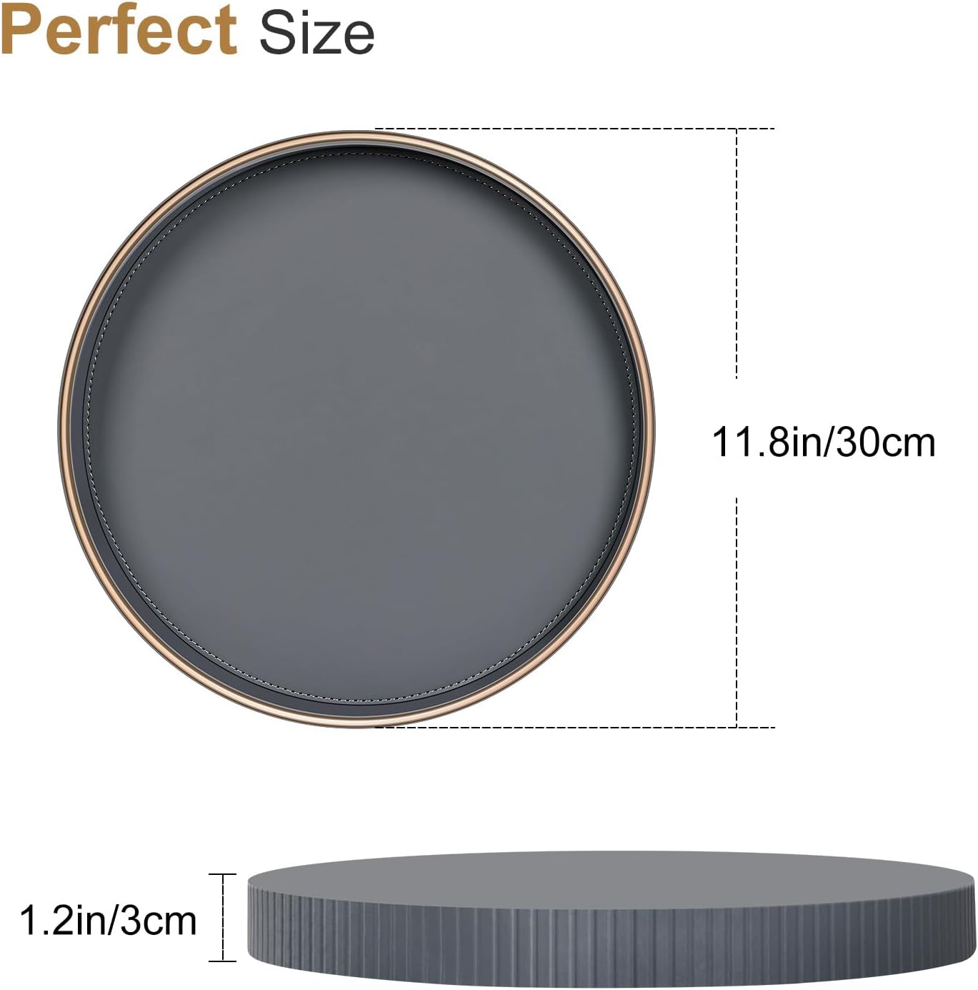 KINGFOM Decorative Serving Tray, PU Leather Valet Nightstand Desk Organizer for Men Women, Round Tray Decor for Coffee Table/Home Decor, Modern Decorative, Centerpiece (Gray)