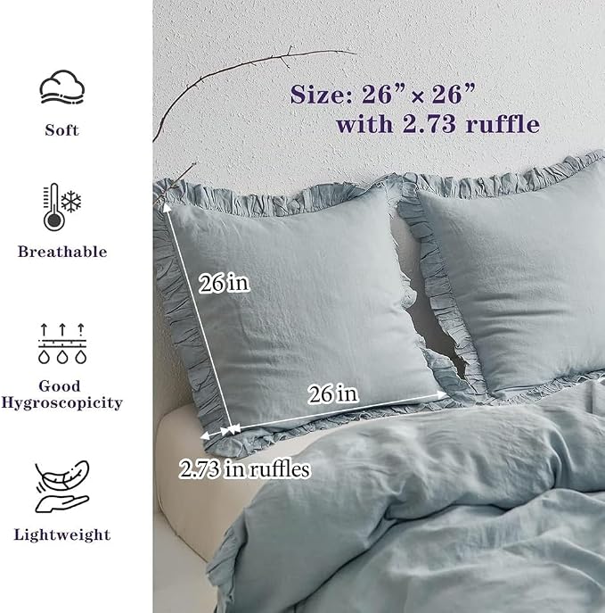 Simple&Opulence 100% Linen Euro Sham Covers with Ruffle, 26x26 Inch Pillow Covers Set of 2, Euro Pillow Shams for Bed Couch French Home Decor Luxury and Breathable Square Pillow Cases, Dusty Blue